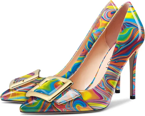 Vista 4 de Aachcol Zapatos de vestir de tacón alto para mujer, sin cordones, punta puntiaguda, oficina, fiesta, boda, patente de 4 pulgadas
