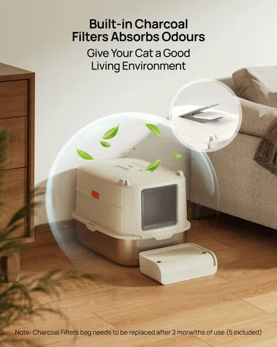 Vista 8 de Furkid Caja de arena para gatos de acero inoxidable con tapa, caja de arena extra grande XL para gatos grandes, caja de arena de metal cerrada