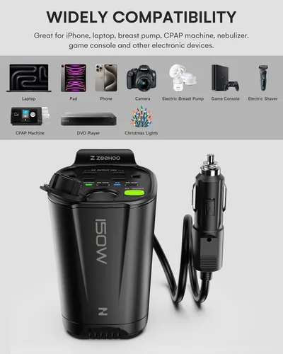 Vista 4 de Inversor de corriente para automóvil de 150 W, 12 V CC a 110 V CA Adaptador de enchufe de automóvil, convertidor de tomacorriente, con 2 salidas