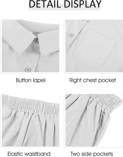 Vista 5 de PEHMEA Conjunto de 2 piezas para mujer, de algodón, lino, con botones, camisa y pantalones cortos de cintura alta