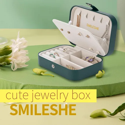 Vista 2 de Smileshe Joyero, estuche de viaje portátil pequeño de piel sintética, organizador de 2 capas, cajas de almacenamiento para anillos, aretes