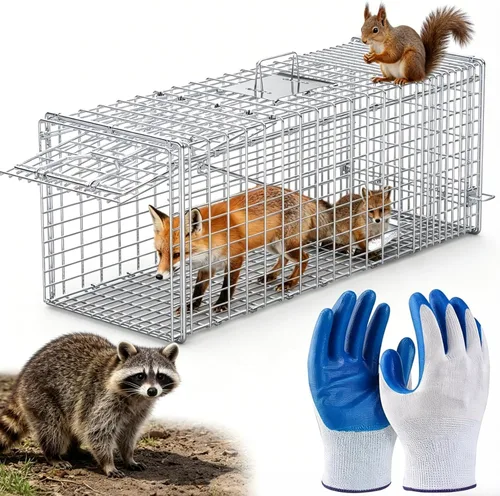 Vista 13 de Jaula de animales vivos, 29.13 x 9.44 x 1.18 pulgadas, resistente, plegable, de acero, con guantes para conejo, ardilla, zarigüeya, mofeta, mapache