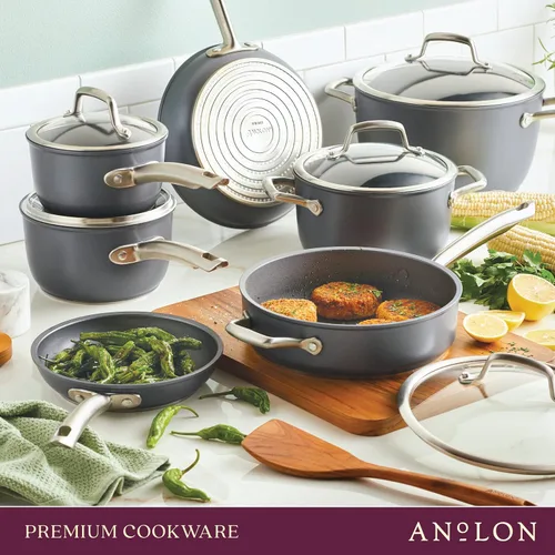 Vista 11 de Anolon Accolade - Juego de ollas y sartenes antiadherentes anodizadas forjadas, juego de utensilios de cocina de inducción, 12 piezas, gris piedra