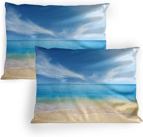 Vista 5 de Lunarable Ocean Pillow Sham Set of 2, Sunset at a Smooth Sandy Beach with Small Wave and Bubbles from The Sea, Quality Microfiber Bedding Item for