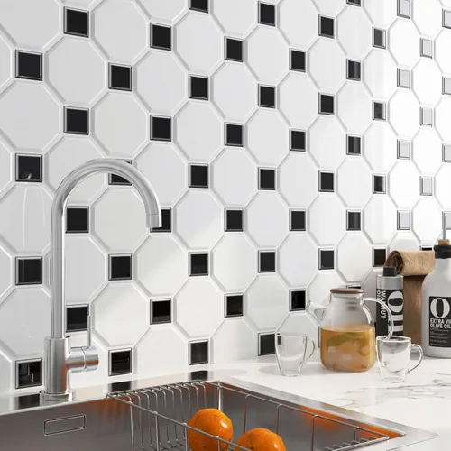 Vista 9 de FunStick Protector contra salpicaduras hexagonales blancas para cocina, de 12 x 12 pulgadas, removible, parte trasera cuadrada negra, despegar