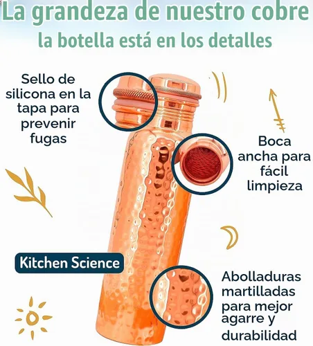 Vista 3 de Kitchen Science - Botella de agua de cobre martillado de 34 onzas / 33.8 fl oz con bolsa de transporte, a prueba de fugas, resistente, probada