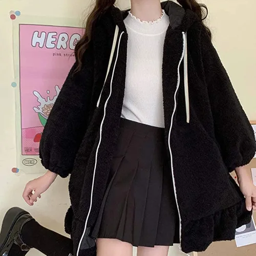 Vista 4 de Kingspinner Lolita Dress Kawaii - Abrigo de felpa suave con capucha para mujeres, adolescentes, niñas, orejas de conejo, manga larga, chaqueta suelta