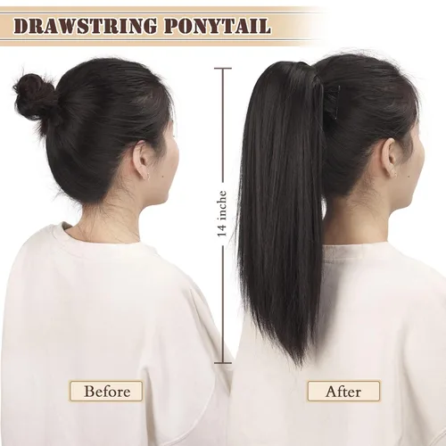Vista 6 de Barsdar Extensión de cola de caballo marrón oscuro - Extensiones de cola de caballo cortas y rectas de 14 pulgadas con cordón para mujeres