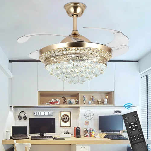 Vista 7 de Lámpara de techo invisible de 42 pulgadas con luz, ventilador de techo de cristal moderno, control remoto, 4 aspas retráctiles de ABS para Dorado