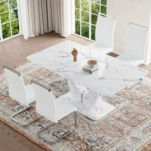 Vista 56 de JUFU Juego de mesa de comedor moderno para 4, juego de mesa de cocina rectangular de 63 pulgadas con mesa de mármol sintético y 4 sillas tapizadas