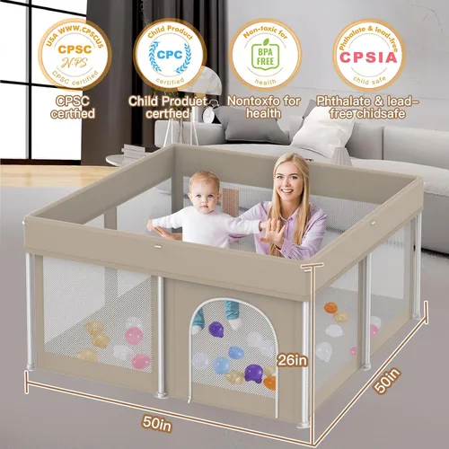 Vista 6 de Corralito plegable para bebés de 50 x 50 pulgadas, corralito para bebés y niños pequeños, valla de seguridad portátil ligera, sin instalación