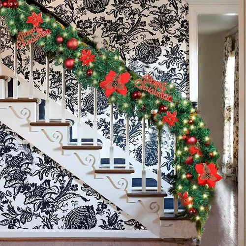 Vista 3 de Guirnalda de Navidad iluminada – 8.8 pies, de ratán, de Navidad, flores artificiales y vid artificiales de Navidad, con luces, funciona