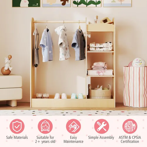 Vista 7 de Costzon Almacenamiento de disfraces para niños con espejo, perchero, estantes de 3 niveles, bandeja inferior, centro organizador de disfraces