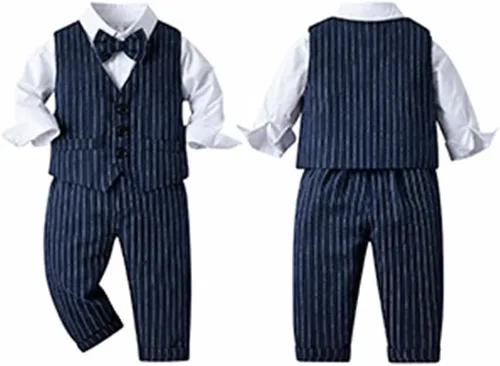 Vista 21 de IDOPIP Trajes de otoño e invierno para niños pequeños, camisa de manga larga con corbatín + chaleco + pantalones largos, overoles