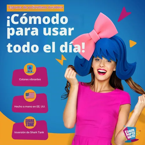 Vista 3 de FOAM PARTY HATS: Peluca Azul con lazo rosa