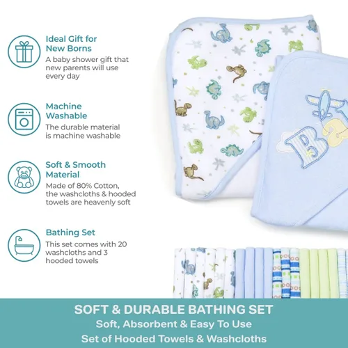 Vista 4 de Spasilk Juego de toallas y paños de baño con capucha para bebés, juego de regalo de 23 piezas, color azul