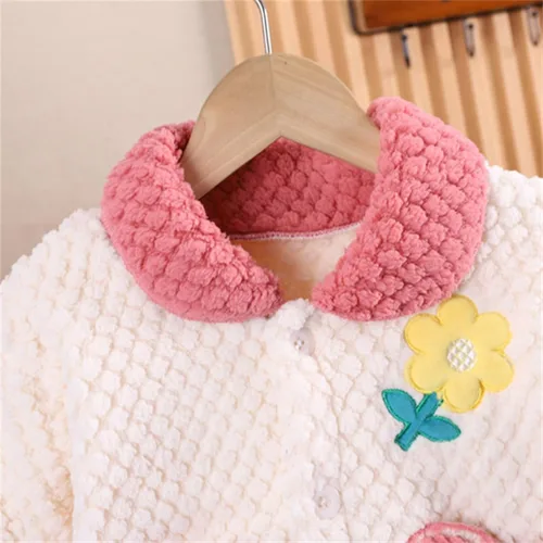 Vista 3 de TBUIALL Toddler Girl Winter Pajamas Coral Velvet Flower Print Casual Loose Winter Warm Clothes Set Fleece Warm