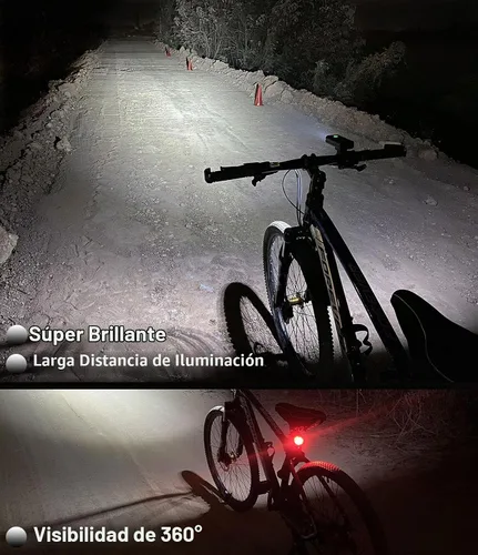 Vista 5 de Luces de bicicleta para conducción nocturna, luz de bicicleta de 6400 mAh delantera y trasera, USB C recargable, súper brillante, 1200 lúmenes