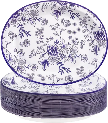 Vista 24 de WDF Paquete de 50 platos florales ovalados de papel, platos llanos desechables grandes de 10 x 12 pulgadas, platos desechables florales