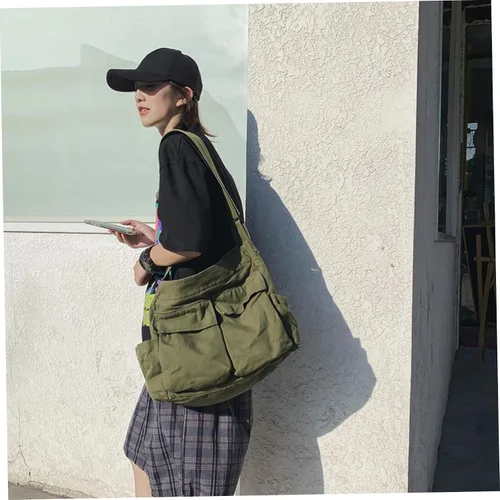 Vista 7 de Bolsa de mensajero de lona, bolsa de mensajero vintage con múltiples bolsillos, bolsas casuales grandes, bolsa de ocio de hombro para mujeres