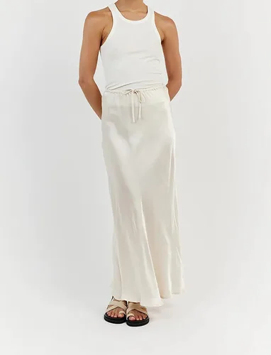 Vista 5 de Meladyan Falda larga larga con cordón para mujer, cintura alta, elástica, acampanada, lisa, ajustada, para salir, casual, midi