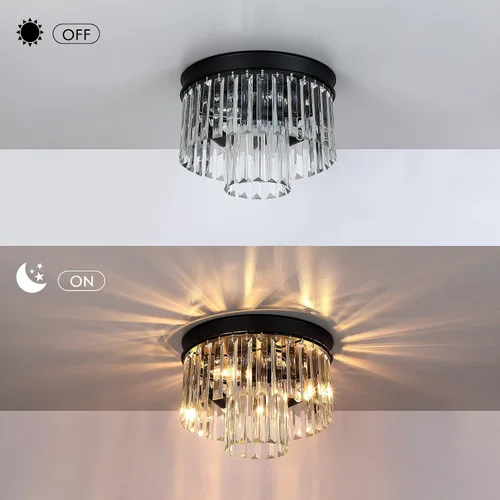 Vista 4 de MEXO Lámpara de techo de cristal empotrada con acabado negro, lámpara de cristal de 2 niveles para sala de estar, dormitorio, comedor, pasillo