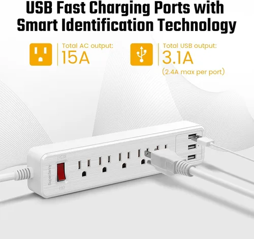 Vista 2 de SUPERDANNY Protector de sobretensión, 5 tomacorrientes, 3 puertos USB, cable de extensión de 4.5 pies, 900 julios, montable, interruptor de Blanco