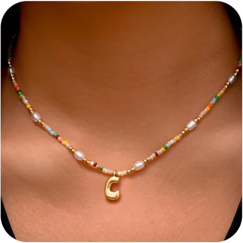 Vista 9 de Ritach - Regalos de Navidad para nietas, adolescentes y niñas, collar con inicial de perlas de colores claros, collar con dije de burbuja dorada