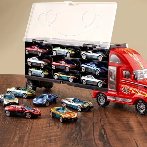 Vista 2 de BoomCaCa - Juego de transporte de camiones de juguete con 18 autos deportivos en juguetes de camiones, juguetes para niños y niñas de 3 a 10 años