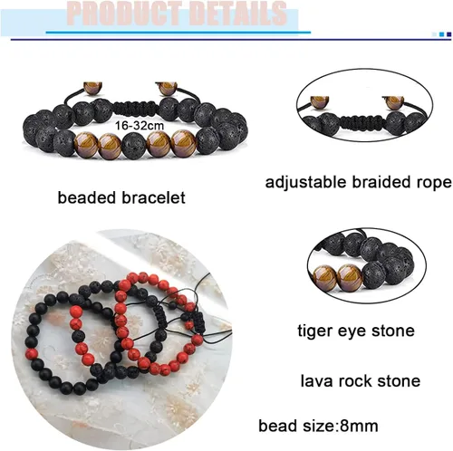 Vista 4 de FINZOR 12 pulseras de cuentas para hombres y mujeres de 0.315in, ojo de tigre, piedra de lava ajustable, aceites esenciales para la ansiedad