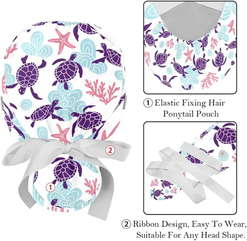 Vista 4 de 2 gorras de trabajo para mujer con botón Ocean Turtle cubierta de pelo largo cinta con cordones
