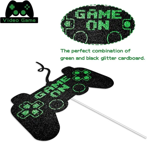 Vista 3 de Game On Big Cake Topper – Controlador de videojuegos dorado negro y verde para decoración de pasteles para niños y niños, suministros de fiesta