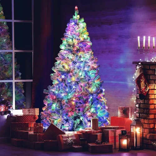 Vista 2 de Árbol de Navidad preiluminado de 6 pies con 250 luces LED de colores, árbol de Navidad artificial completo, 1000 puntas de ramas, con bisagras