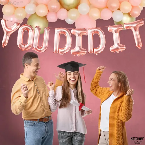 Vista 3 de KatchOn, Globos de oro rosa con el texto en inglés "You Did It" (16 pulgadas) Banner de You Did It para decoraciones de graduación 2026 Banner