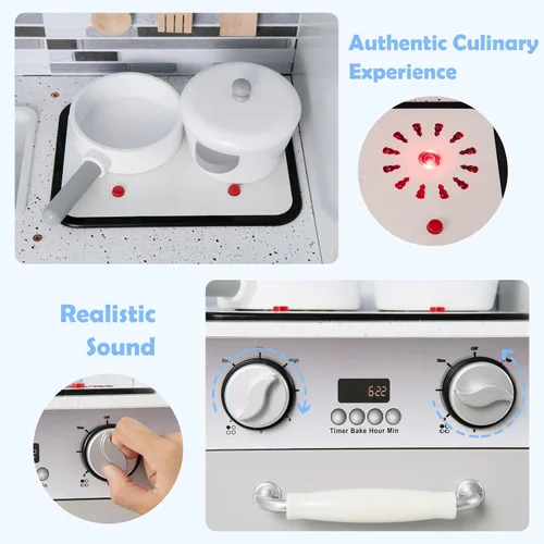 Vista 3 de INFANS Juego de cocina para niños, juego de cocina de madera con luz y sonido realistas, estufa, fregadero, microondas, armario de almacenamiento