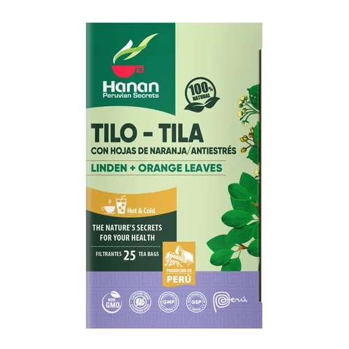 Vista 3 de Hanan Peruvian Secrets Té de hierbas de tilo y naranja, 100% natural, 25 bolsas de té