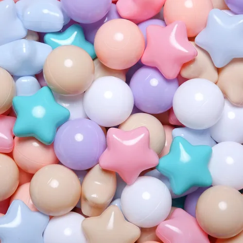Vista 10 de Pelotas de Corral de Bolas Realhaha 50 100 200 500, Formas de Estrella para Bebés Niños Parque Infantil Bolas de Plástico para Bebés Piscina