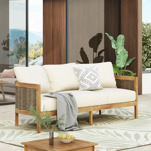 Vista 3 de Merax Sofá de mimbre de madera de acacia al aire libre de 76.5 pulgadas, sofá de 3 plazas para patio trasero