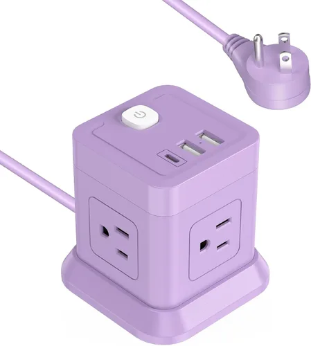 Vista 7 de FDTEK - Tira de alimentación USB C de 2 clavijas, 4 tomas de corriente, 3 USB, cable de extensión de 5 pies, color blanco 2 Prong Desktop Charging