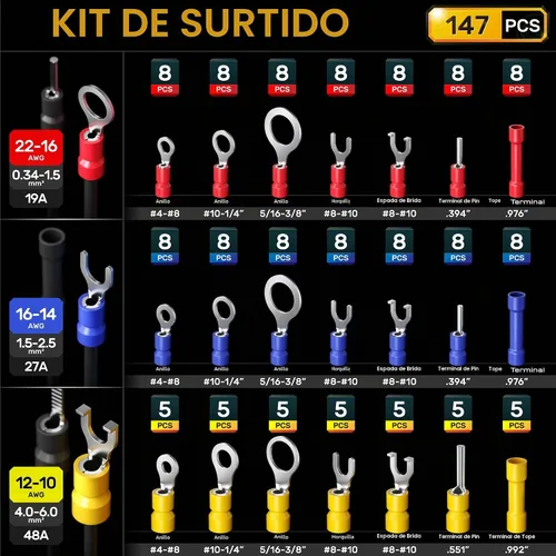 Vista 4 de SOMELINE Kit de herramientas de prensado de conectores eléctricos, crimpadora de terminales de trinquete 22-10 AWG, con conectores aislados a tope