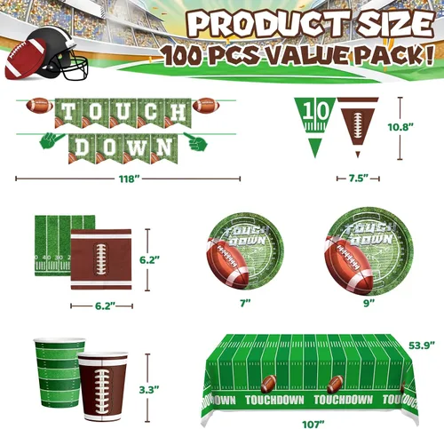 Vista 3 de Decoraciones para fiestas de fútbol – 100 piezas de suministros para fiestas que sirven 24, pancartas de retocar, platos, mantel, taza y servilletas