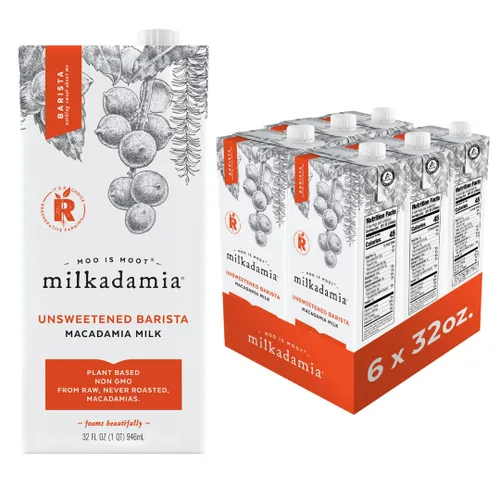 Vista 6 de Milkadamia Barista Leche de Macadamia, Excelente Fuente de Calcio, a Base de Plantas, Kosher, Sin Gluten y Sin OMG, 32 Onzas Líquidas (Paquete de 6)
