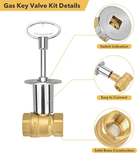 Vista 4 de Skyflame Kit de válvula de llave de gas recta de 3/4 pulgadas para chimenea con brida, llave de 3 pulgadas y 8 pulgadas, cromada