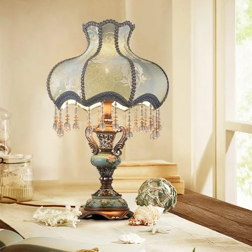 Vista 7 de Lámpara victoriana antigua OTTOSON de tela azul lámpara de mesa pastoral europea lámpara de mesa de noche en forma de florero 1 cabeza flor flor