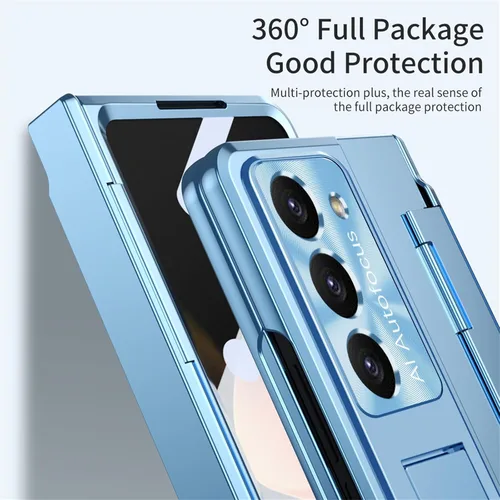 Vista 4 de Funda para Samsung Galaxy Z Fold 5 2023, carcasa de una pieza Z Fold5 con función atril y protector de pantalla, protección completa (azul)