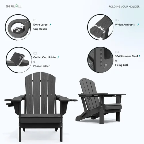 Vista 5 de SERWALL Silla Adirondack plegable, Silla Adirondack HDPE con textura de madera - gris