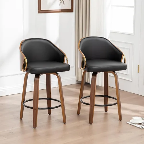 Vista 3 de Taburetes de bar giratorios de 24.8 pulgadas, taburetes de bar de cuero negro, sillas de bar modernas de mediados de siglo con patas de madera