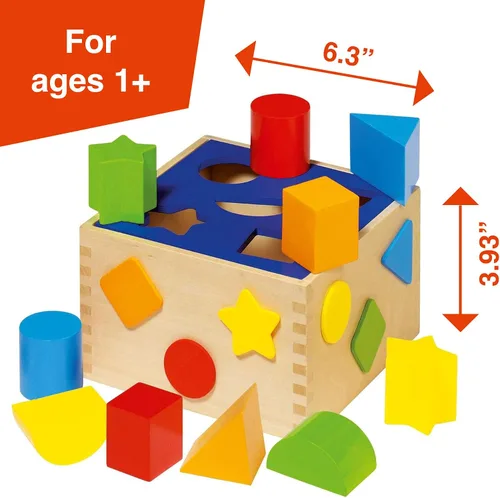 Vista 6 de Goki Cubo de clasificación de formas de madera para niños pequeños de 1 a 3 años I 12 bloques clasificadores de formas, juguete de aprendizaje