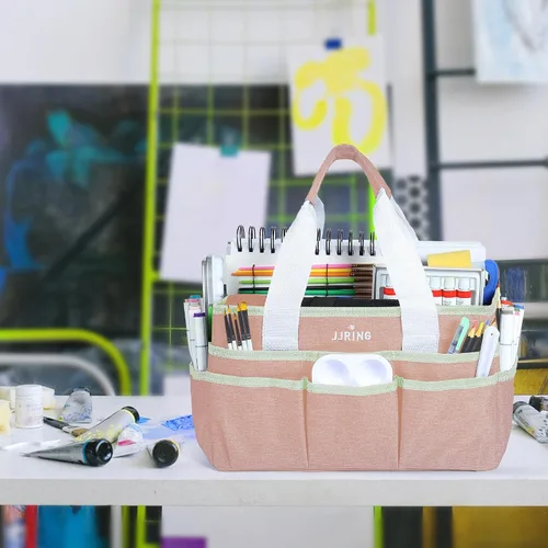 Vista 2 de JJRING Bolsa organizadora de manualidades, organizador de arte con múltiples bolsillos, bolsa de costura beige para arte, manualidades, álbumes
