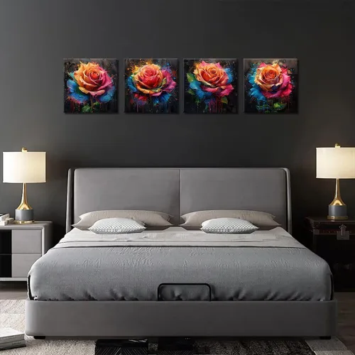 Vista 67 de Wall HDQ Arte de pared de flores para baño, dormitorio, sala de estar, decoración de pared azul y naranja, pintura floral, lienzo impreso, imagen